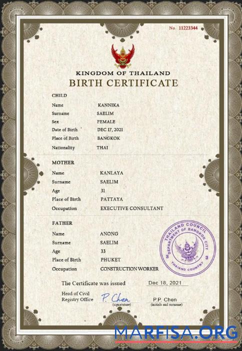 Blank Thailand vital record birth certificate PSD template